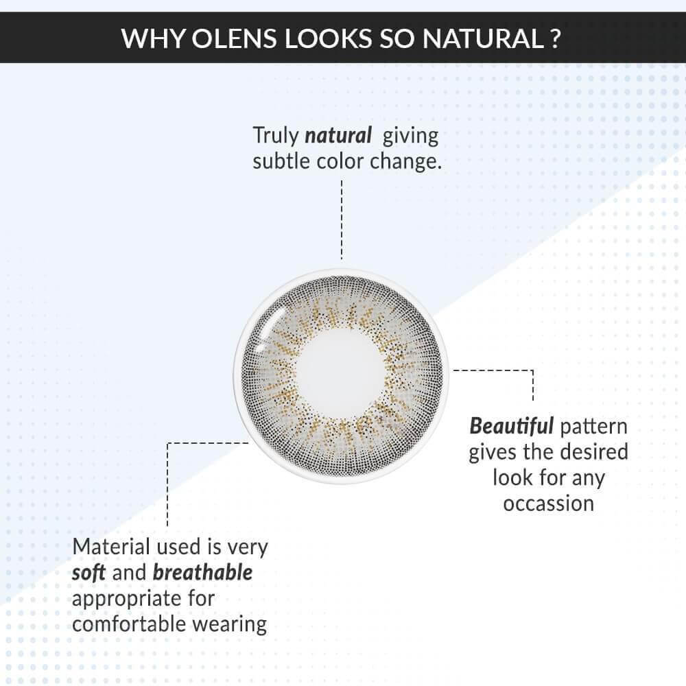  OLENS Premium Color Contact Lens | Jenith3 Natural Grey ( 6 Month ) lens cut image with features of lens | | o-lens.co.in.